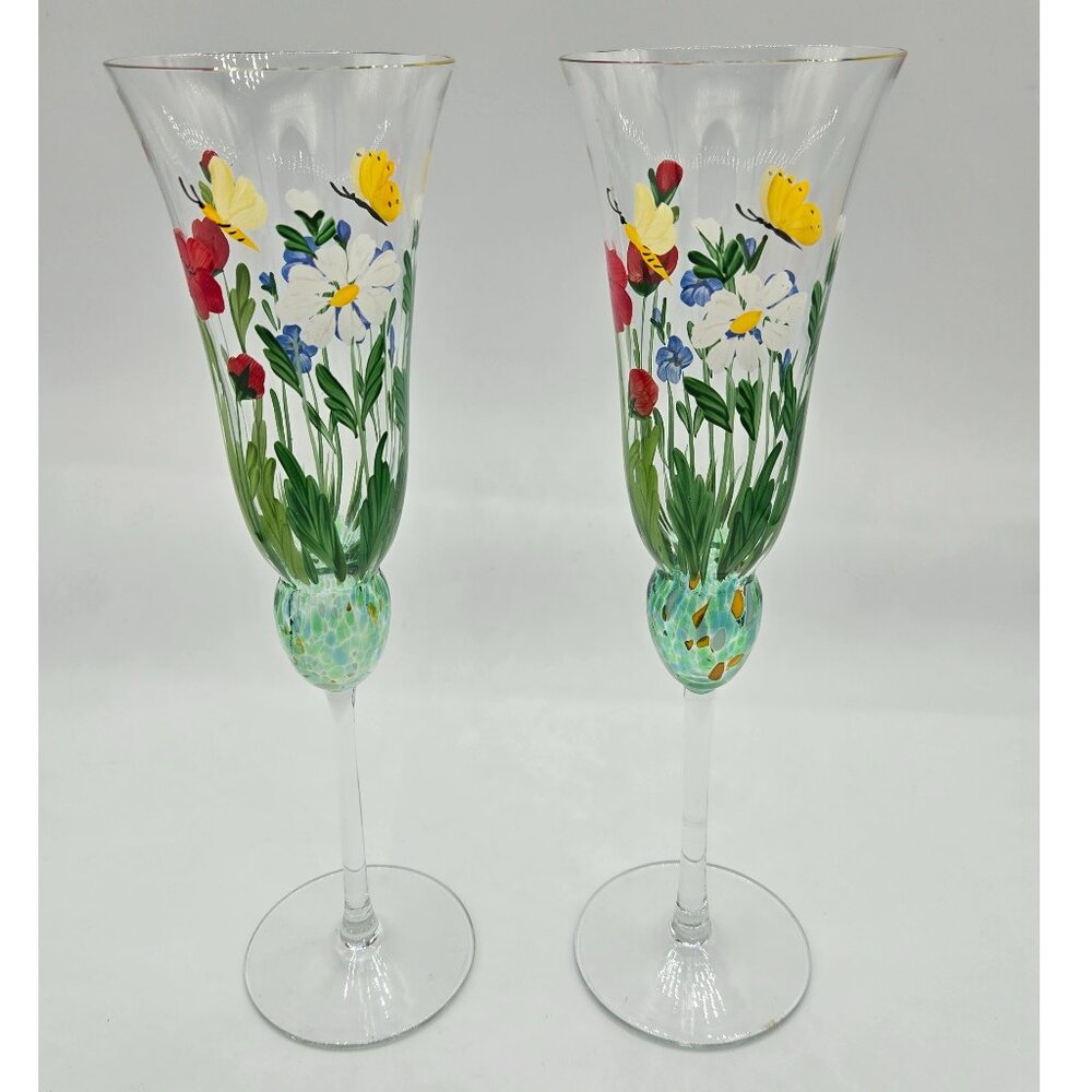 Pair of Royal Danuabe Hand Painted Blown Glass Crystal Floral and Butterfly Wine